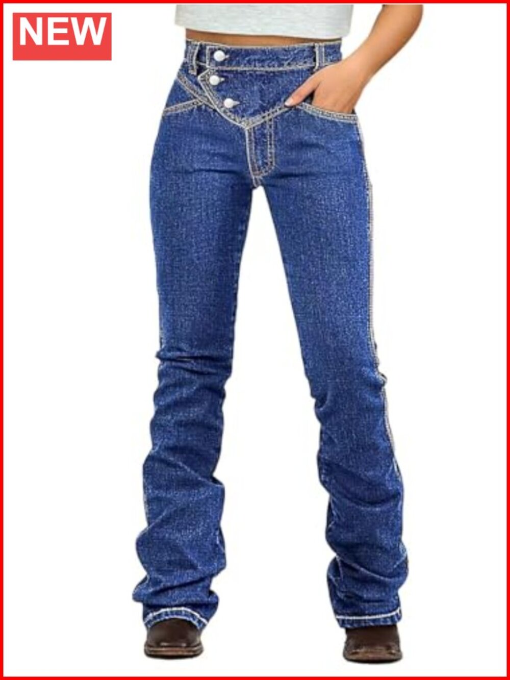 High Waist Bootcut Stretch Jeans with Button Up and Stitch Detail